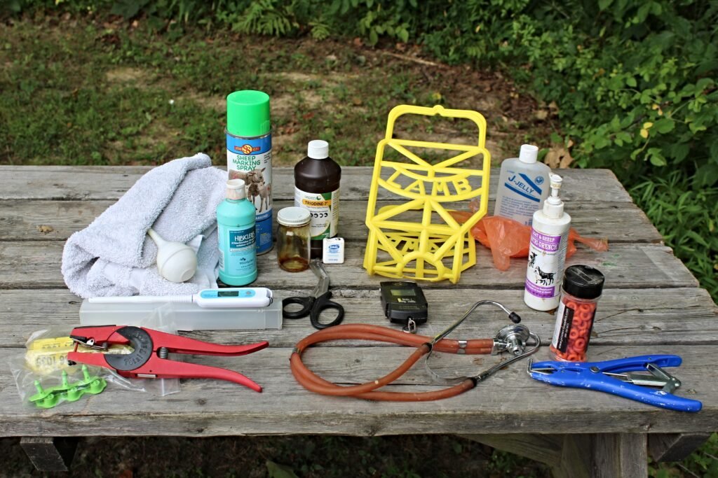 Lambing supplies laying on picnic table